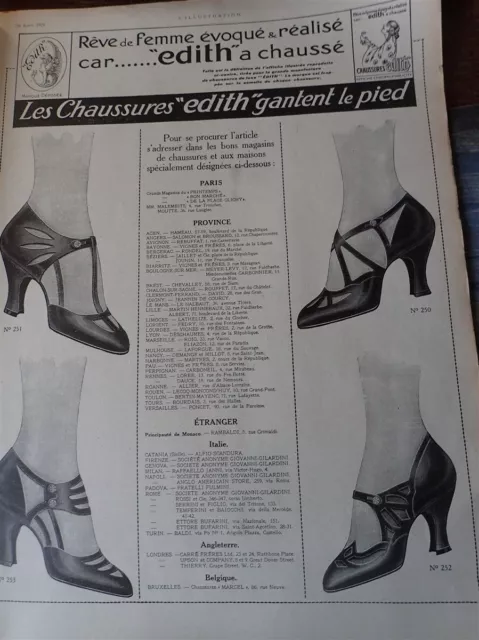 EDITH chaussure + MATHIS automobile + SHY publicité papier ILLUSTRATION 1920