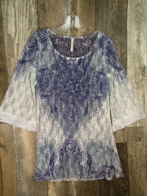 Ginger G Top Womens S/M* Blue Sheer Stretch Lace Short Bell Sleeve Tunic Floral