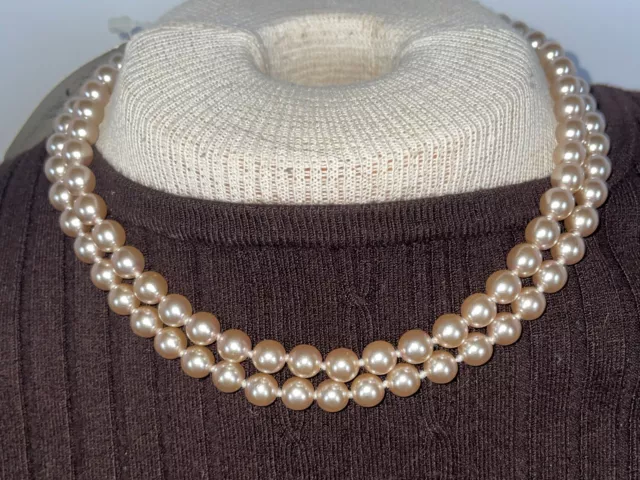 SAKS FIFTH AVE Pearl Double Strand Beige Knotted Costume Jewelry Necklace 18”