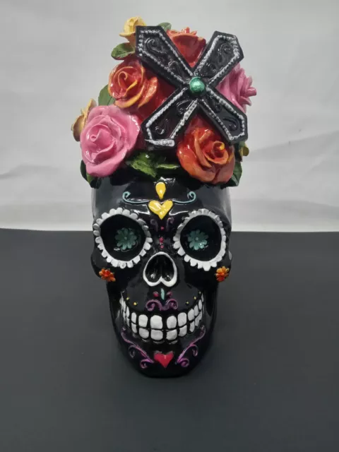 Ebros Black Day of The Dead Floral Blooms Sugar Skull Figurine DOD Skulls  6 L 