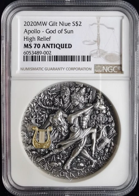 Niue 2 Dollars 2020 Silver Gilt Coin Apollo Gods of Sun NGC MS70 Antiqued