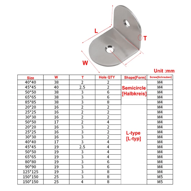 Stainless Steel Corner Brace Joint Right Angle L Shape Bracket Shelf Support 2