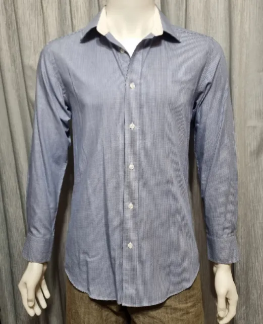 Boston Mens Business Shirt Size 38 Blue Checkered Long-Sleeve Slim Fit