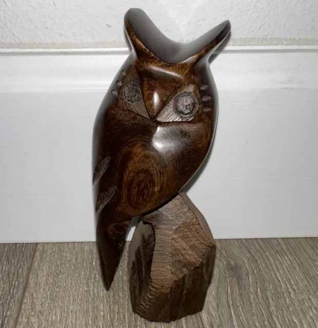 Vintage Hand Carved Horned OWL Ironwood Figurine Sculpture 5.25in MCM Dark Brown