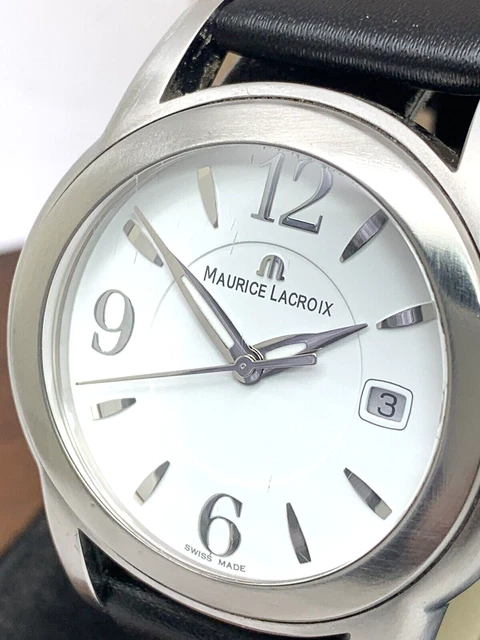 Maurice Lacroix Men's Watch SH1018 Swiss Quartz White Dial Black Leather Band