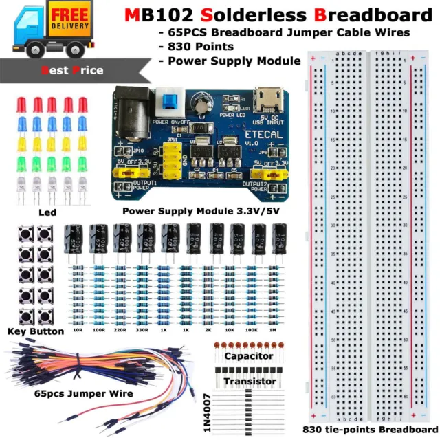 MB-102 Solderless Breadboard Protoboard 830 Tie-Points Test Circuit DIY Kit