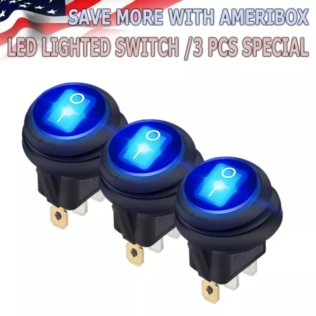 3 pcs Blue LED 12V 20A Car Boat ON/OFF Round Waterproof Rocker Toggle Switch US