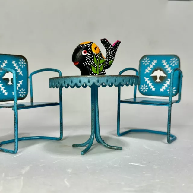 Fairy Garden  Dollhouse Miniature Metal Bistro Table And Chairs, Turquoise Blue 2