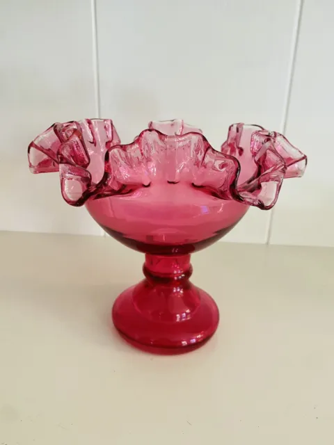 Vtg Cranberry Glass Candy Dish Crimped Compote Hollow Stem Candle Compatible 6”