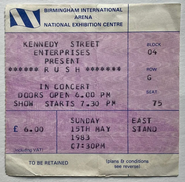 Rush Original Used Concert Ticket NEC Arena Birmingham 15th May 1983