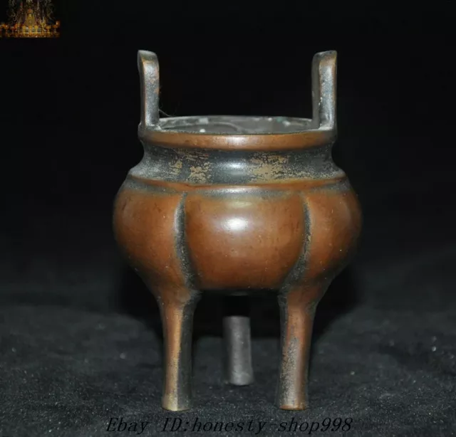 4" Marked Old Chinese Buddhism Temple Pure bronze incense burner Censer tripod