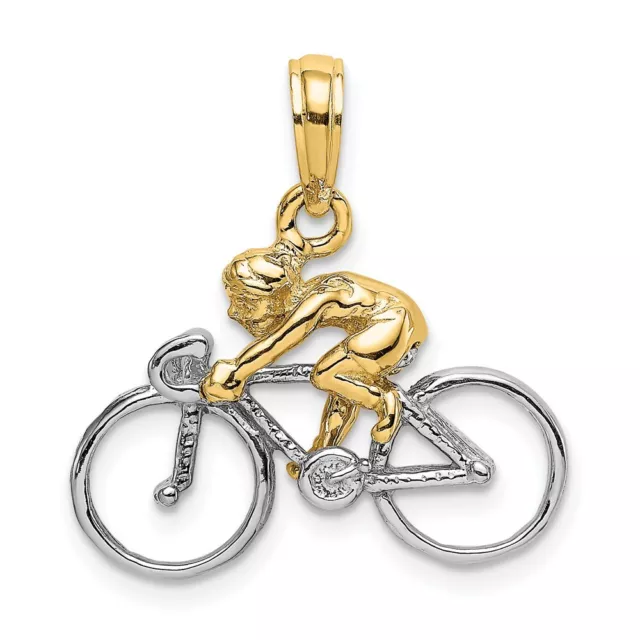 14k Gold Mit Rhodium 3-D Fahrrad Mit Reiters Anhänger