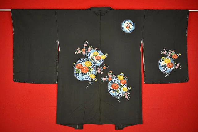 Vintage Japanese Kimono Silk Antique BORO Black HAORI Kusakizome Dyed/B706/645