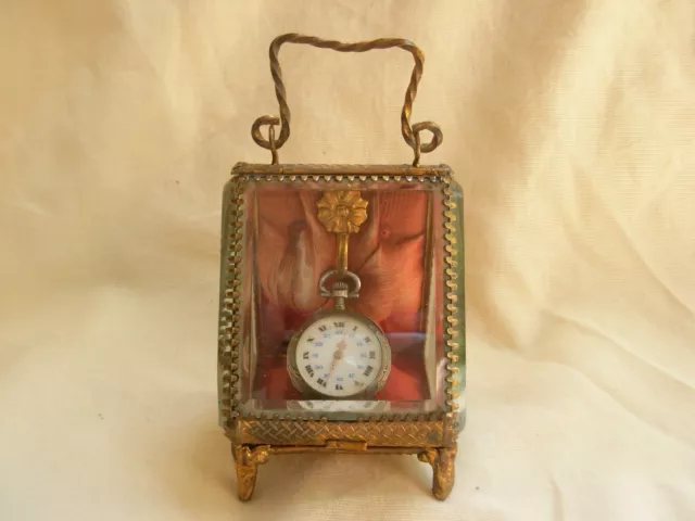 Antique French Gilt Brass Beveled Glass Pocket Watch Case,Napoleon Iii Period.
