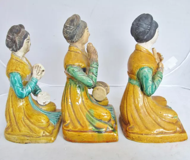 3 Chinese Clay Pottery Lady Musician Statues w/ Yellow Sancai Glazes  (8.3") 2