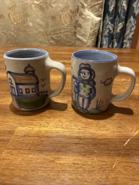 Set of 2 M A HADLEY ART POTTERY FARMER Barn WITH RAKE CUP/MUG  THE END SIGNED EC