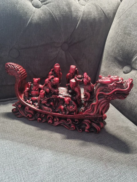 VTG Chinese Carved Cinnabar Resin Dragon Boat Statue Large 26cm Display Décor