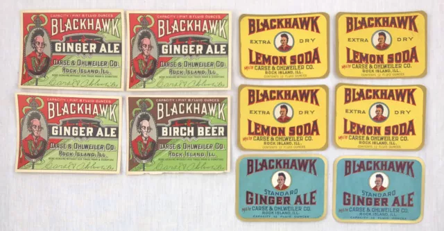Vintage Black Hawk Labels Ginger Ale Lemon Birch Beer Beverage Ad Paper Lot 10