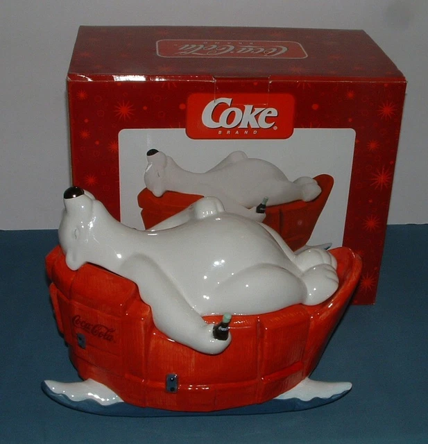 Vintage Coca Cola Polar Bear In Sled Cookie Jar - Sakura - Mib