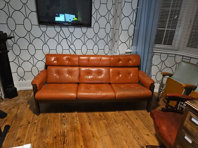 Mid Century 1970s Leather "Amigo" 3 Seater Sofa Retro Vintage