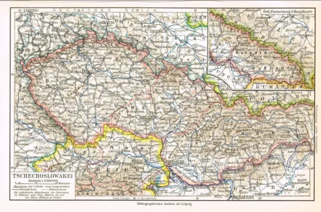 Czechoslovakia, Central Europe, Czech Slovak Rep Antique German Map, Meyers 1930 3