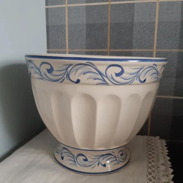 Vintage Ceramic Plant Pot Planter Jardiniere Blue White Large Pedestal Footed