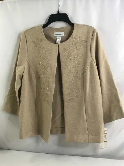 Alfred Dunner Womens Jacket 12 Beige Embroidered Rhinestones Short Sleeve Solid