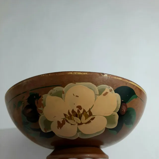 Large Antique Vintage Robinhood Ware Hand Painted Wooden Bowl Floral 13"