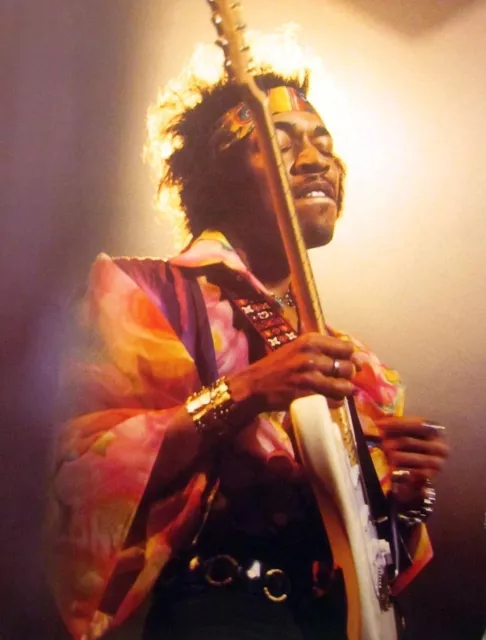JIMI HENDRIX w/ headband clipping 1960s psychedelic color photo Fender guitar