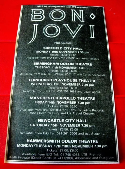 Bon Jovi UK Tour Vintage ORIGINAL 1986 Press/Magazine ADVERT 6.5"x 3.5"