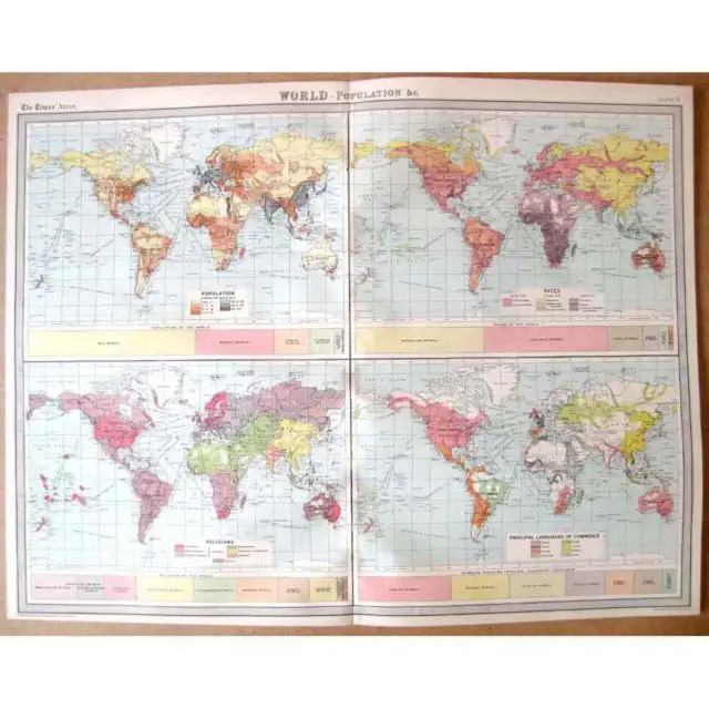 WORLD Population Race Religion Language - Vintage Map 1922 by Bartholomew