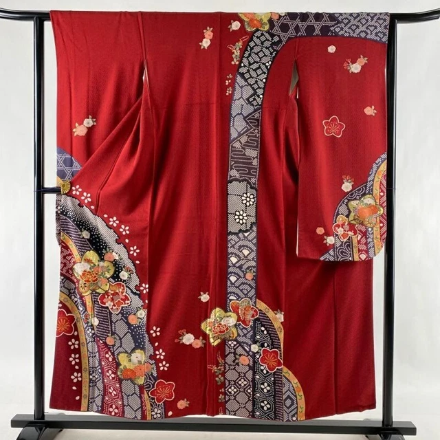 Woman Japanese Kimono Furisode Silk Flower Cart Cherry Blossom Gold Foil Red