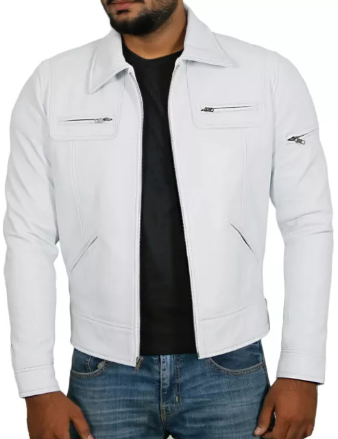 Homme Blanc Veste Véritable Souple Cuir D'Agneau Décontracté Moto Coureur Veste