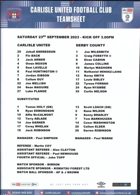 CARLISLE UNITED v DERBY COUNTY 23.09.23 LEAGUE ONE TEAM SHEET