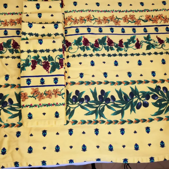 Yellow Tablecloth Napkins Olives Grapes Floral Blue Green Tuscan Mediterranean