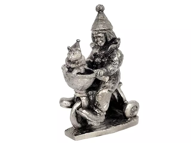 ARTIST MICHAEL RICKER  PEWTER 1997 Clown Riding Tricycle & Cat in Basket 4" tall