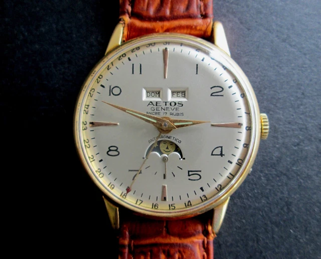 AETOS TRIPLE DATE Moon Phase Vintage 1950's Mechanical Hand