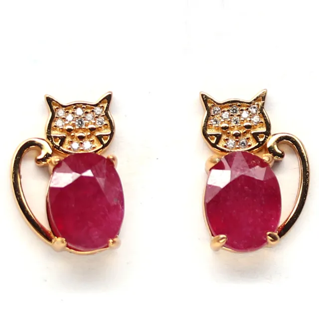 NATURAL 6 X 9 mm. OVAL CUT RED RUBY & WHITE CZ CAT EARRINGS 925 STERLING SILVER