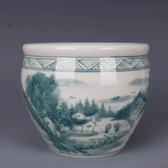 Chinese Blue and White Porcelain Jar Qing Kangxi Green Landscape Design Pot 5.0"