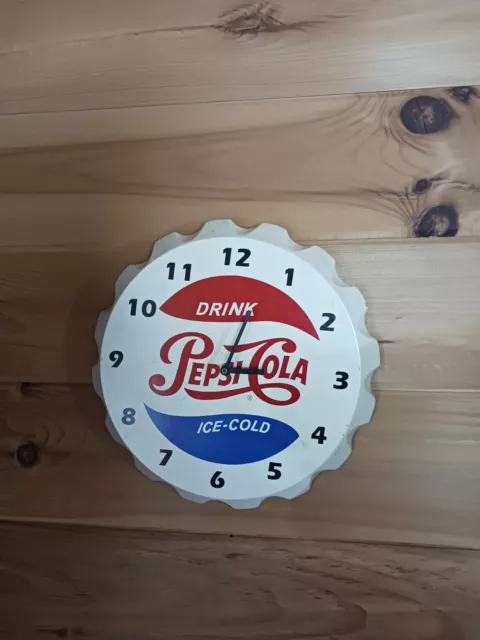 PEPSI COLA SODA  WOOD  WALL CLOCK- 12" X 12" -BATTERY OPERATED Works