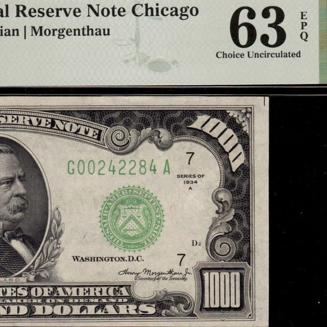 PMG Graded ABOUT UNCIRCULATED 63 EPQ 1934A ONE THOUSAND DOLLAR BILL Fr2212 42284