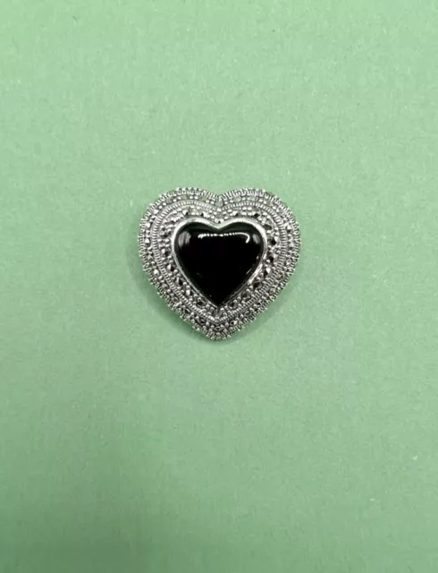 BROOCH  -  925 Sterling Silver, Marcasite & Black Onyx "Heart" Brooch