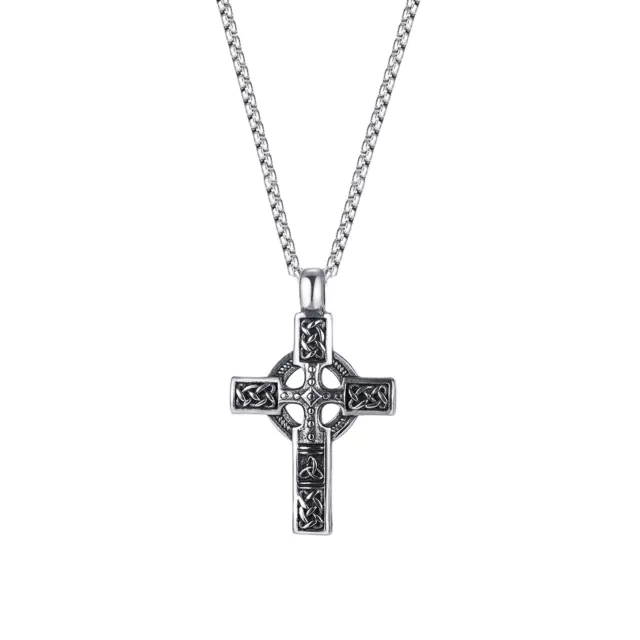 Mens Irish Celtic Trinity Knot Cross Pendant Necklace Stainless Steel Set