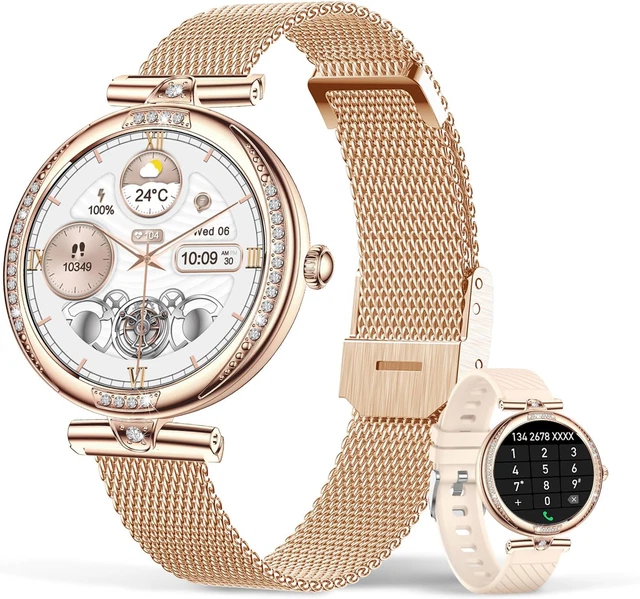 IARET Smartwatch Donna Con Chiamate Bluetooth, 1.59 Pollici, Cristalli, Frequenza Cardiaca, SpO2, 2 Cinturini (Milanese E Silicone)