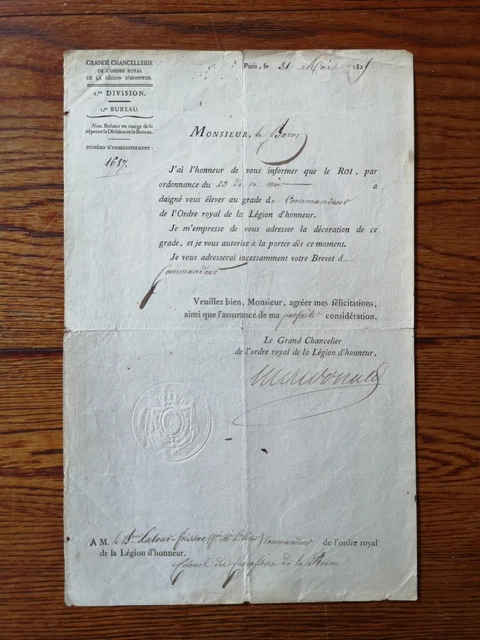 Letter Of Appointment Commander Of The Legion Of Honor 1825 Col. Latour Foissac