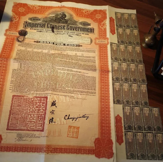 China 1911 Chinese Hukuang RW £ 100 New York Citi American Bank Gold Bond Loan
