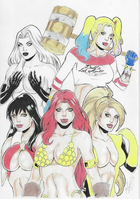 Red Sonja, Vampirella, Harley Quinn 8X12 Original Art Drawing Pinup Page Sketch