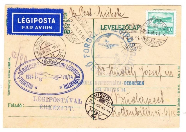 Ungarn Sc #C26-FIRST Flight-Mu #57a-MISKOLC Jul / 14/1934-TO Debrecen-Flight