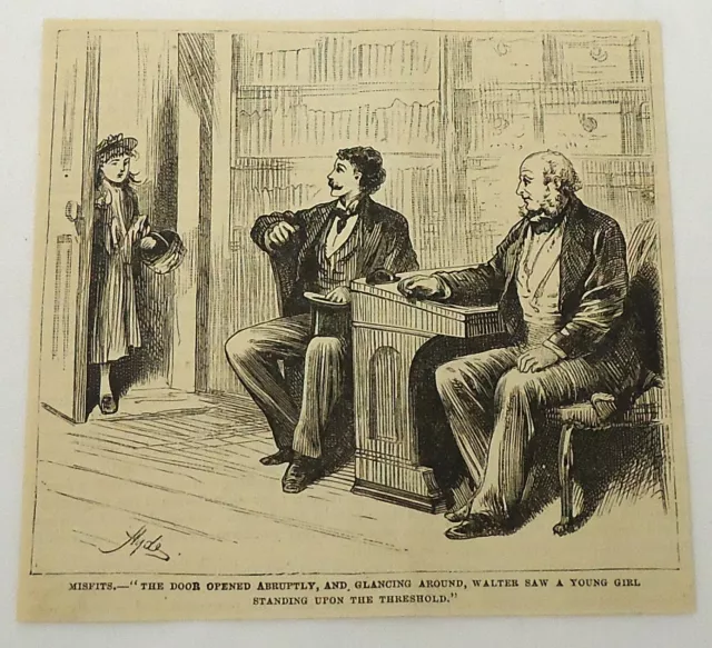 Piccolo 1880 Rivista Incisione ~ Misfits Girl Walks Attraverso Porta,Due Men Sit