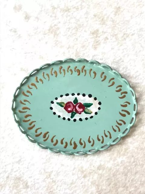 DOLLHOUSE  MINIATURE   TOLE WARE  Tray, Cottage Green,  Roses, OVAL, Artisan